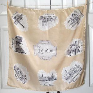 LONDON ENGLAND Souvenir Scarf Large Cream White Acetate Satin Buckingham Palace